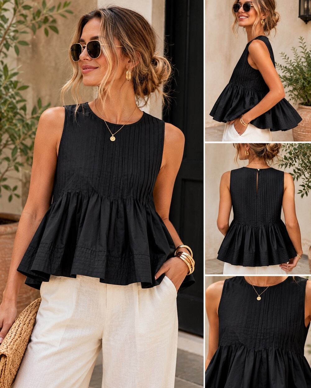 Commense Black Pleated Peplum Tank Top Sleeveless Babydoll Minimalist Modern S